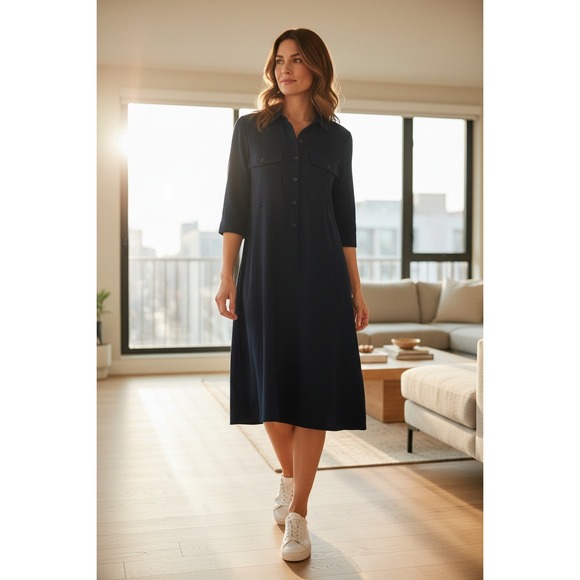 Gretchen Scott Navy Blue Collared Button Front Pocket Midi Shirt Dress Size S